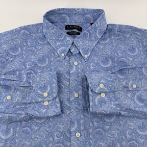 Lauren Ralph Lauren Button Down Shirt Men XL Blue Paisley Cotton Stretch Regular